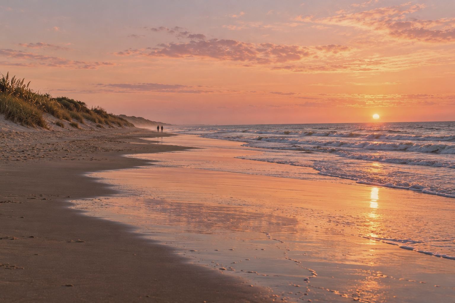 Imagen ilustrativa del sol saliendo sobre el mar en una playa ancha de Pinamar, con médanos a un costado