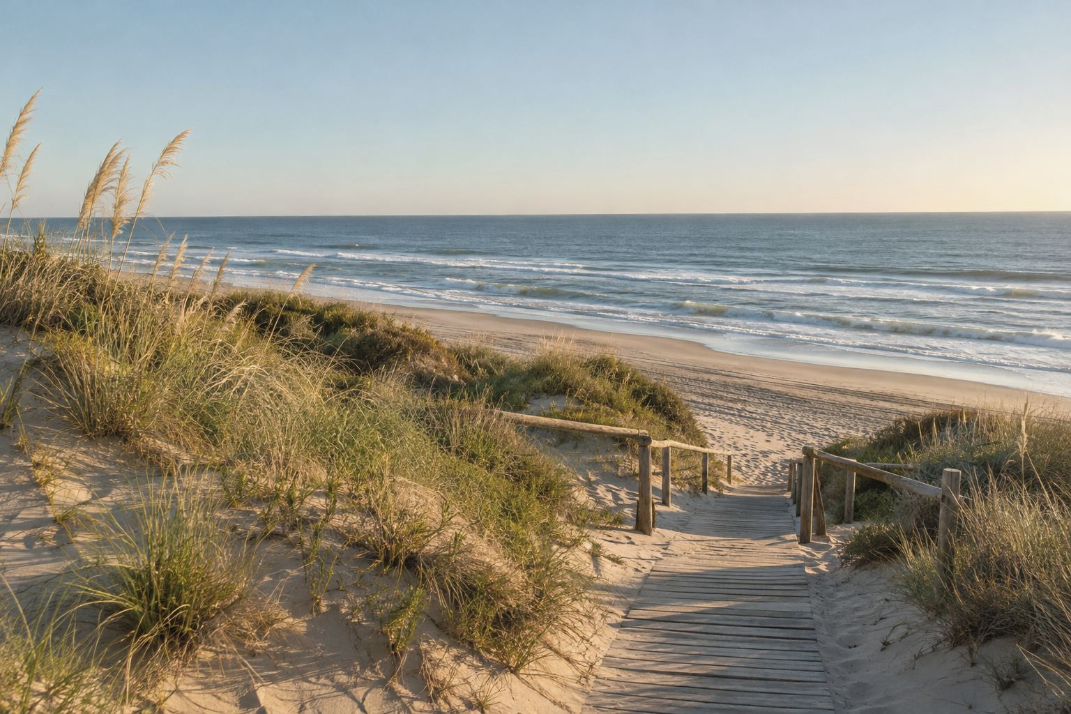 Imagen ilustrativa de la playa de Pinamar con médanos y mar en un día de verano