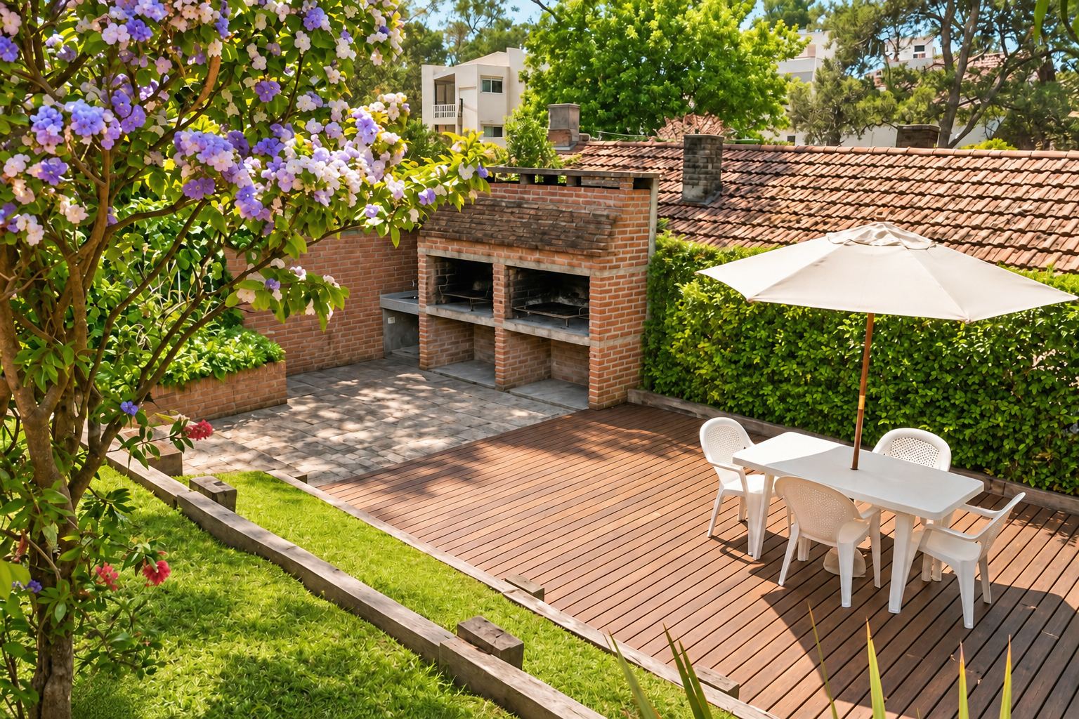 Quincho de Monserrat Bungalows con parrillas de ladrillo, deck de madera y mesa con sombrilla